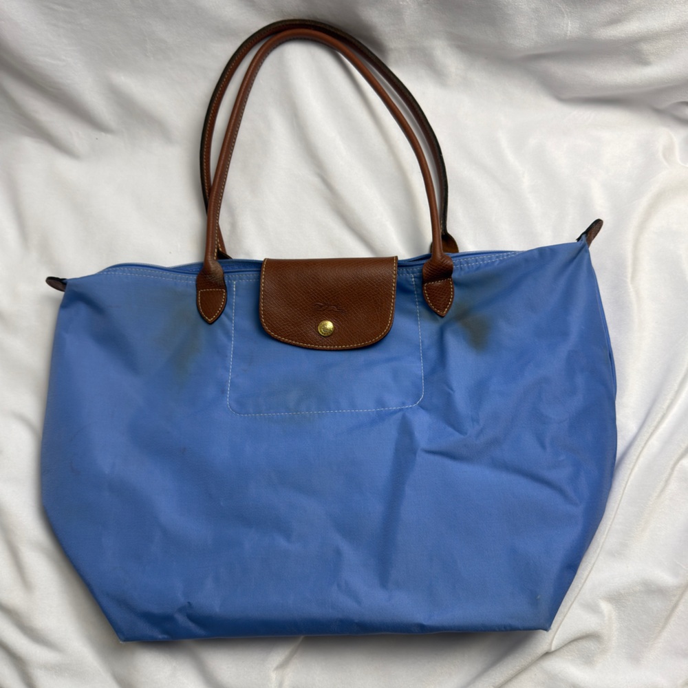 Longchamp Blue Le PilageTote with Brown Learher